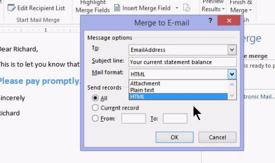 send bulk email access word outlook