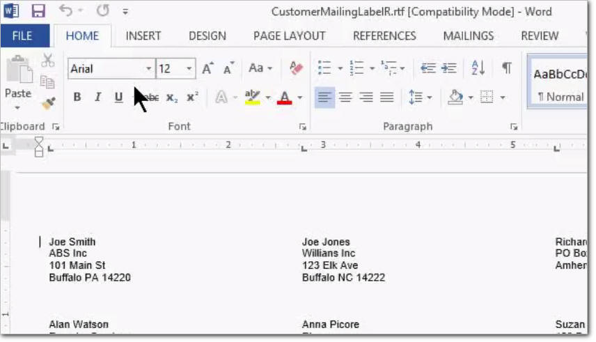 export mailing labels to word