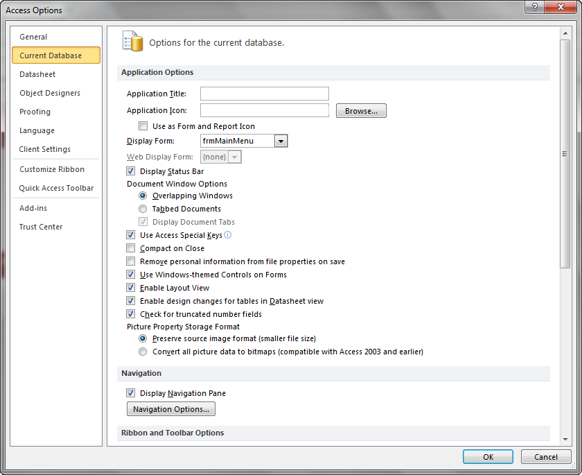 Access Options - Current Database