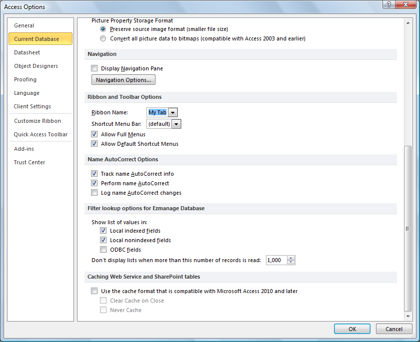 Access Options - Current Database