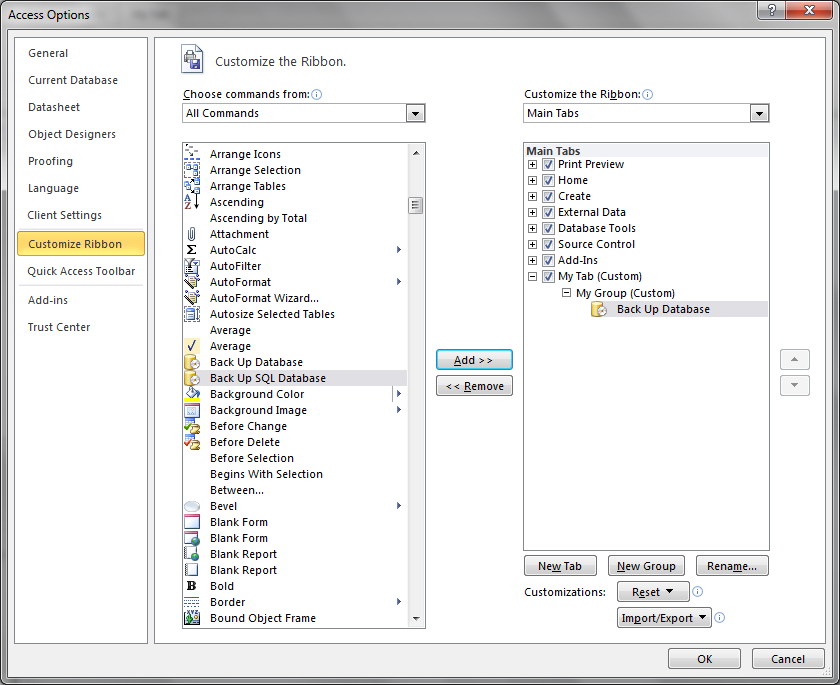 Access Options - Customize Ribbon - Add Control