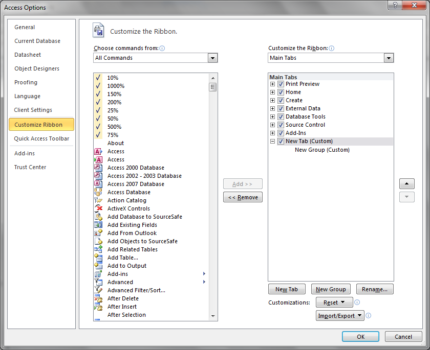 Access Options - Customize Ribbon - New Tab