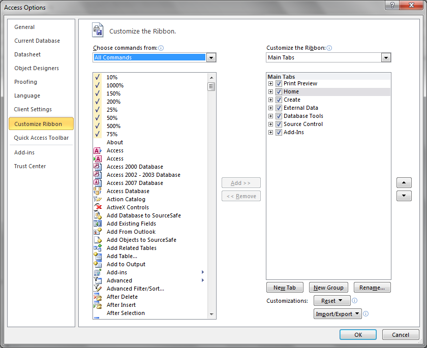 Access Options - Customize Ribbon