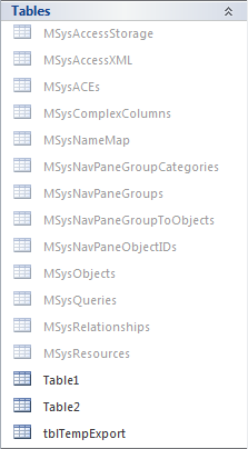 Navigation Pane - Tables (Hidden)