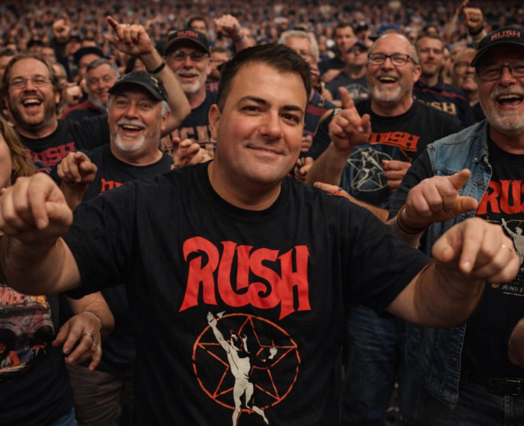 Rush concert crowd air drumming in sync, with Richard in the front row
