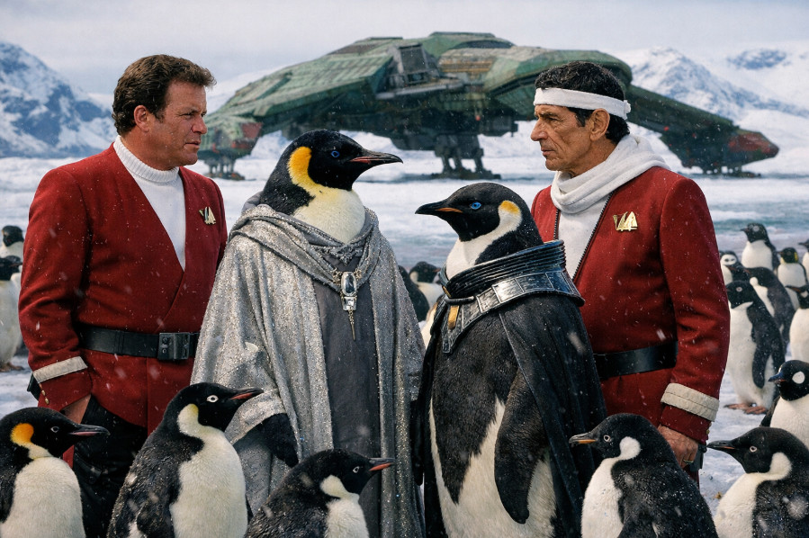 Starship crew meeting an alien penguin delegation in Antarctica with penguins and an alien ship in the background