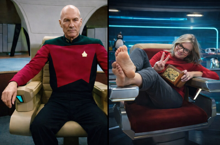 Side-by-side comparison of a formal Starfleet captain and a relaxed Starfleet Academy chancellor in their command chairs