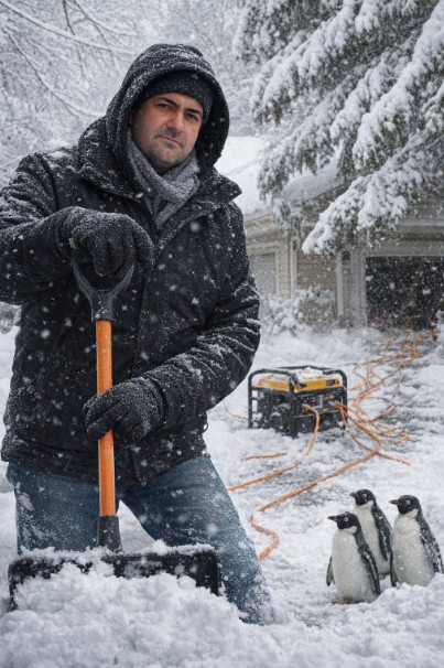Shoveling snow in a winter storm with a generator and extension cords powering neighbors, with penguins watching
