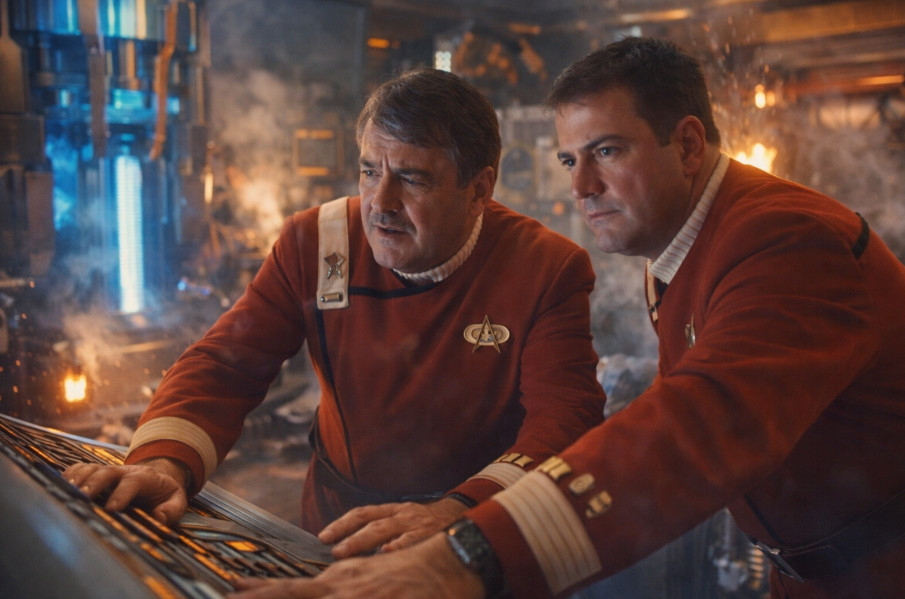 Starfleet engineering crisis scene with Richard helping Scotty during a warp core emergency